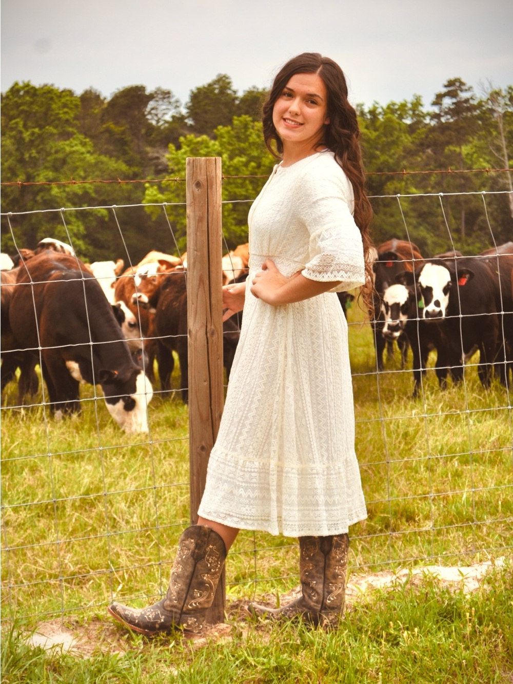 Polagram Cream Lace Midi Dress with Bell Sleeves
